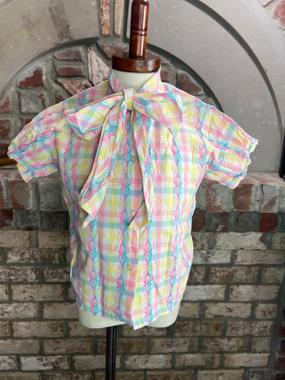 kids vintage kitten bow blouse button down plaid pink yellow blue